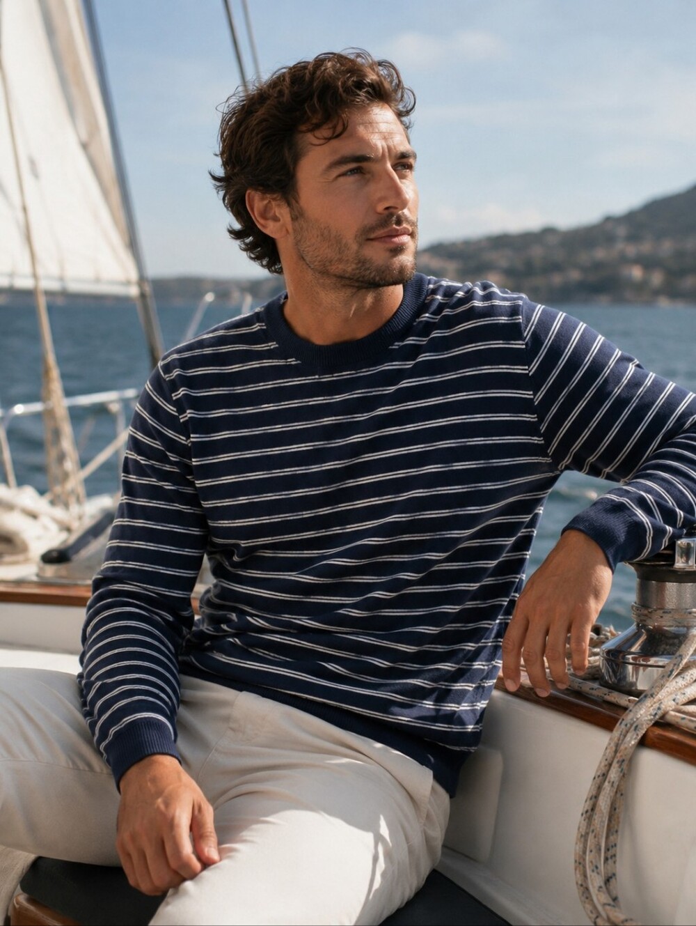Oliver Spencer Navy and White Striped Crewneck Sweater Size L